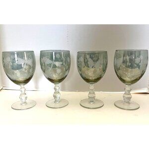 Iridescent Blue Green Wine Glasses Etched Butterfly & Flowers Set of 4 Vintage